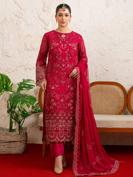 Deep Fuchsia Chiffon Heavy Embroidered Pakistani Dress by Fabricoz USA