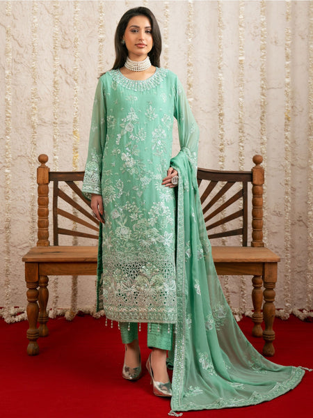 Mint Green Chiffon Finely Embroidered Elegant Pakistani Dress by Fabricoz USA