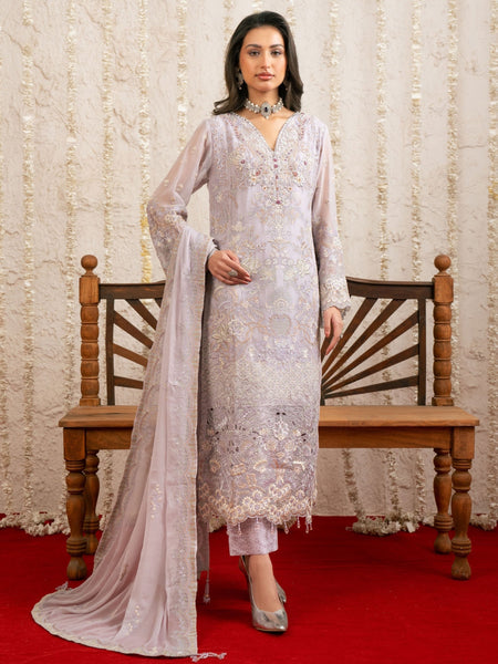 Lavender Chiffon Intricate Threadwork Pakistani Dress by Fabricoz USA