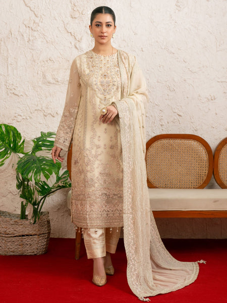 Ivory Beige Chiffon Hand Embroidered Pakistani Dress by Fabricoz USA
