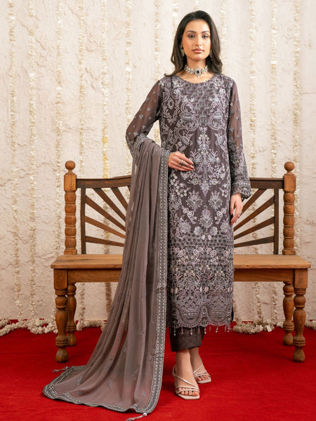 Taupe Brown Chiffon Heavy Embroidered Pakistani Dress by Fabricoz USA