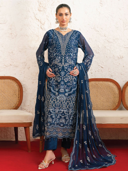 Navy Blue Chiffon Heavy Embroidered Pakistani Dress by Fabricoz USA