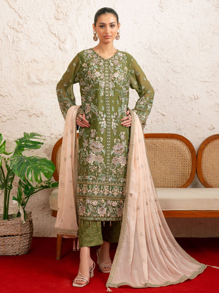 Olive Green Chiffon Floral Embroidered Pakistani Dress by Fabricoz USA