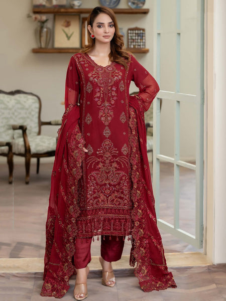Maroon Chiffon Hand Embroidered Royal Salwar Kameez by Fabricoz USA