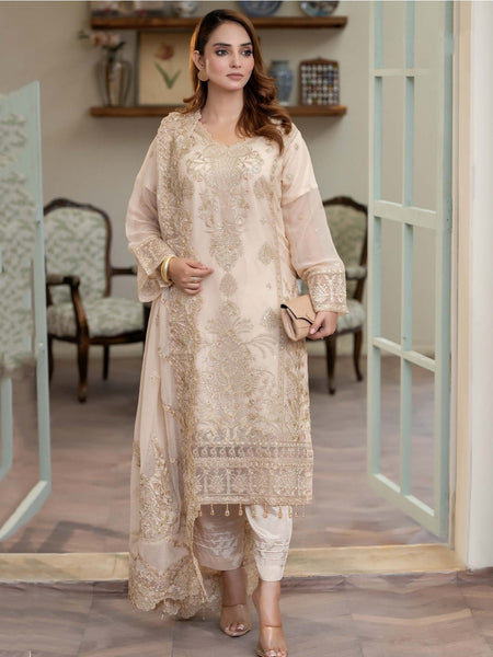Ivory Chiffon Heavy Embroidered Elegant Wear Salwar Kameez by Fabricoz USA