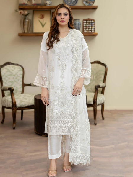 White Chiffon Heavy Embroidered Straight Cut Salwar Kameez by Fabricoz USA