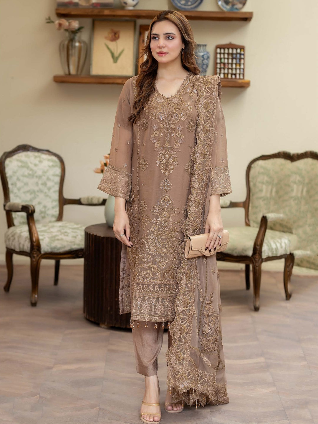 Mocha Brown Chiffon Hand Embroidered Couture