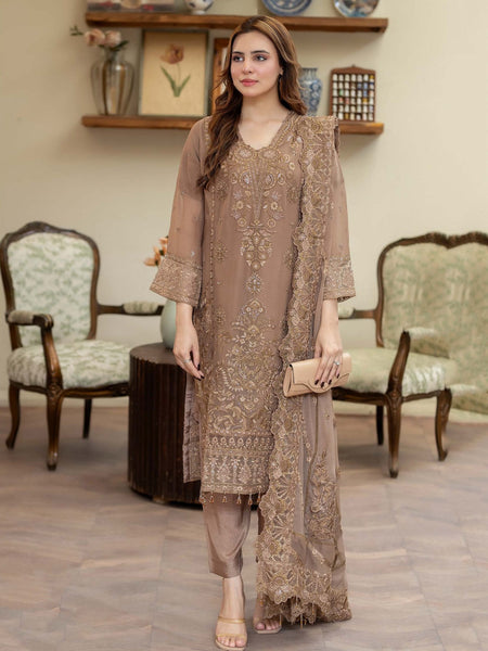 Mocha Brown Chiffon Hand Embroidered Couture Pakistani Salwar Kameez by Fabricoz USA
