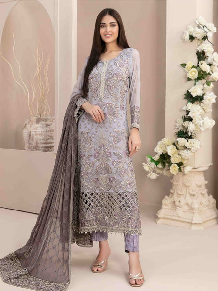 Grey Salwar Kameez - Embroidered Fancy Chiffon