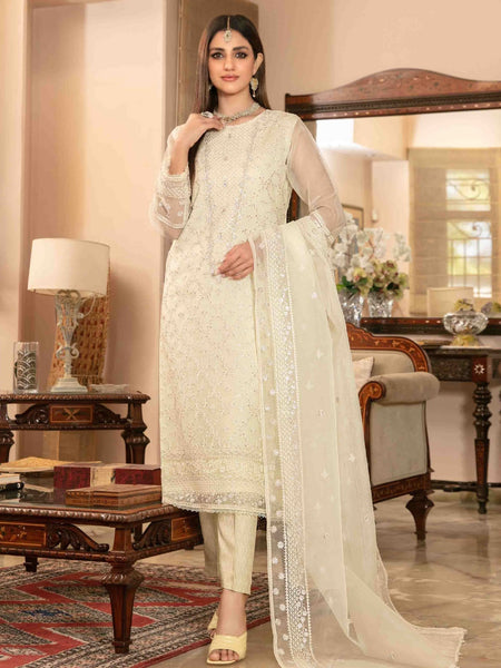 Yellow Pakistani Dress - Fancy Embroidered Organza