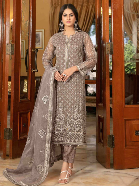 Brown Pakistani Dress - Fancy Embroidered Organza