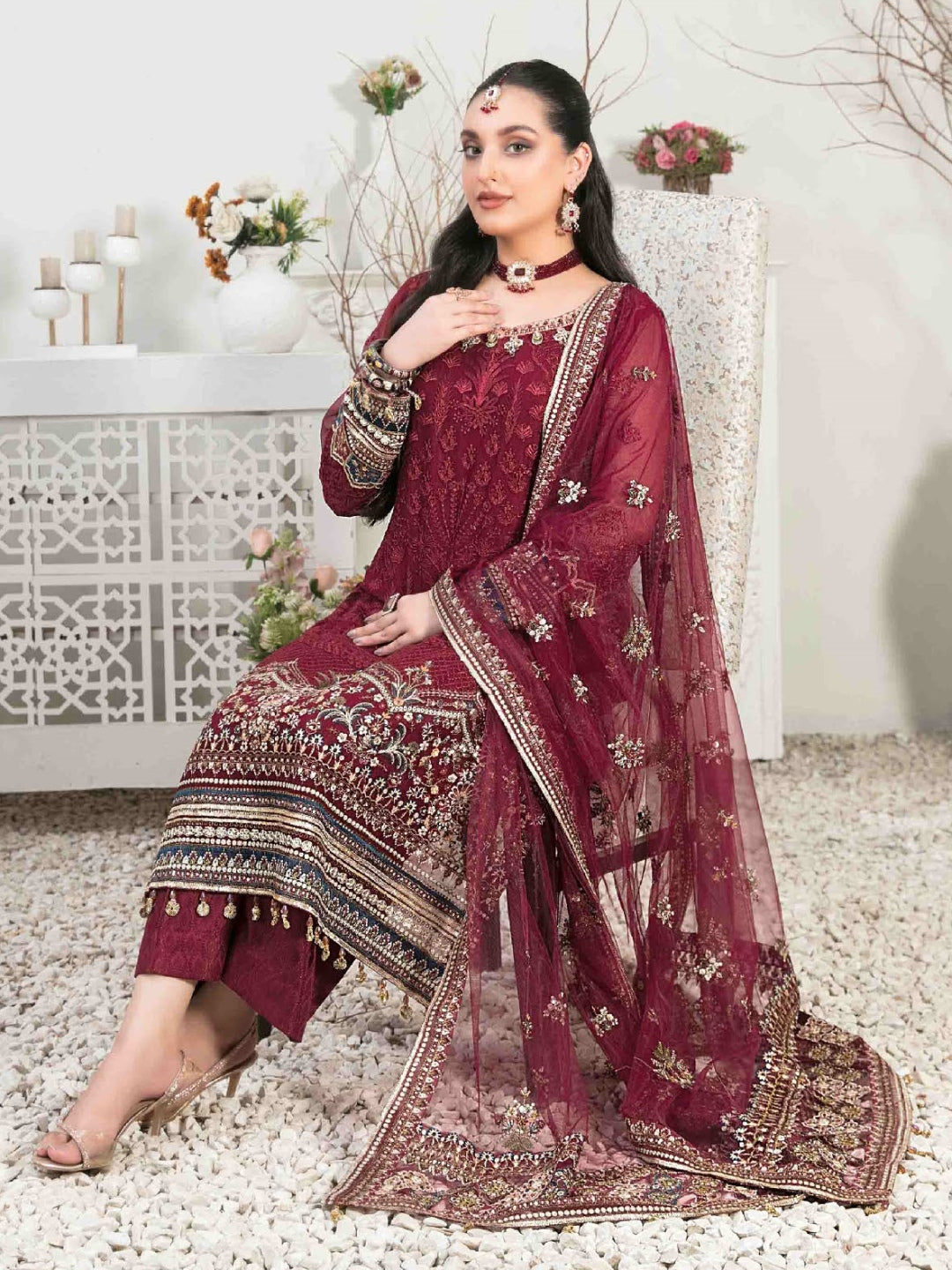 Red Embroidered Chiffon Viscose Red Embroidered Chiffon Viscose