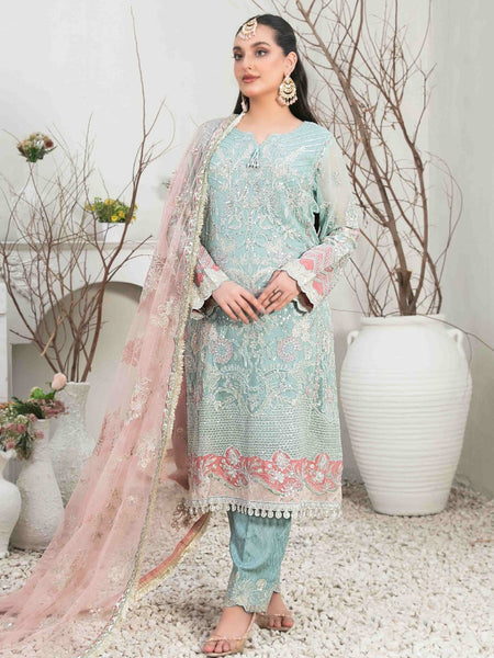 Blue Pakistani Dress - Embroidered Chiffon Viscose