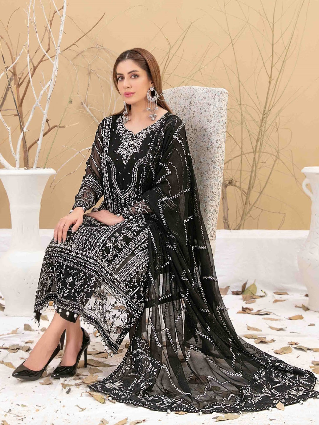 Pakistani Dress Black Chiffon Jacquard Pakistani Dress Black Chiffon Jacquard