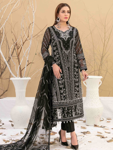 Black Pakistani Dress - Embroidered Chiffon Jacquard
