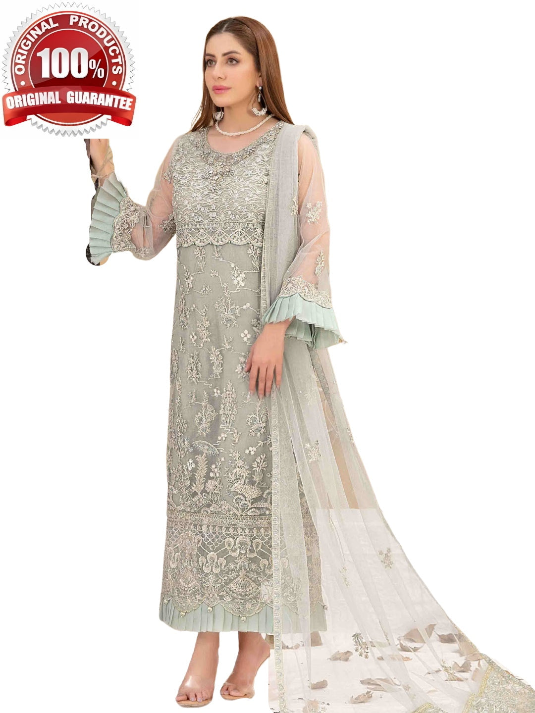 Green Embroidered NetJacquard Salwar Kameez | Fabricoz USA Green Embroidered NetJacquard Salwar Kameez | Fabricoz USA