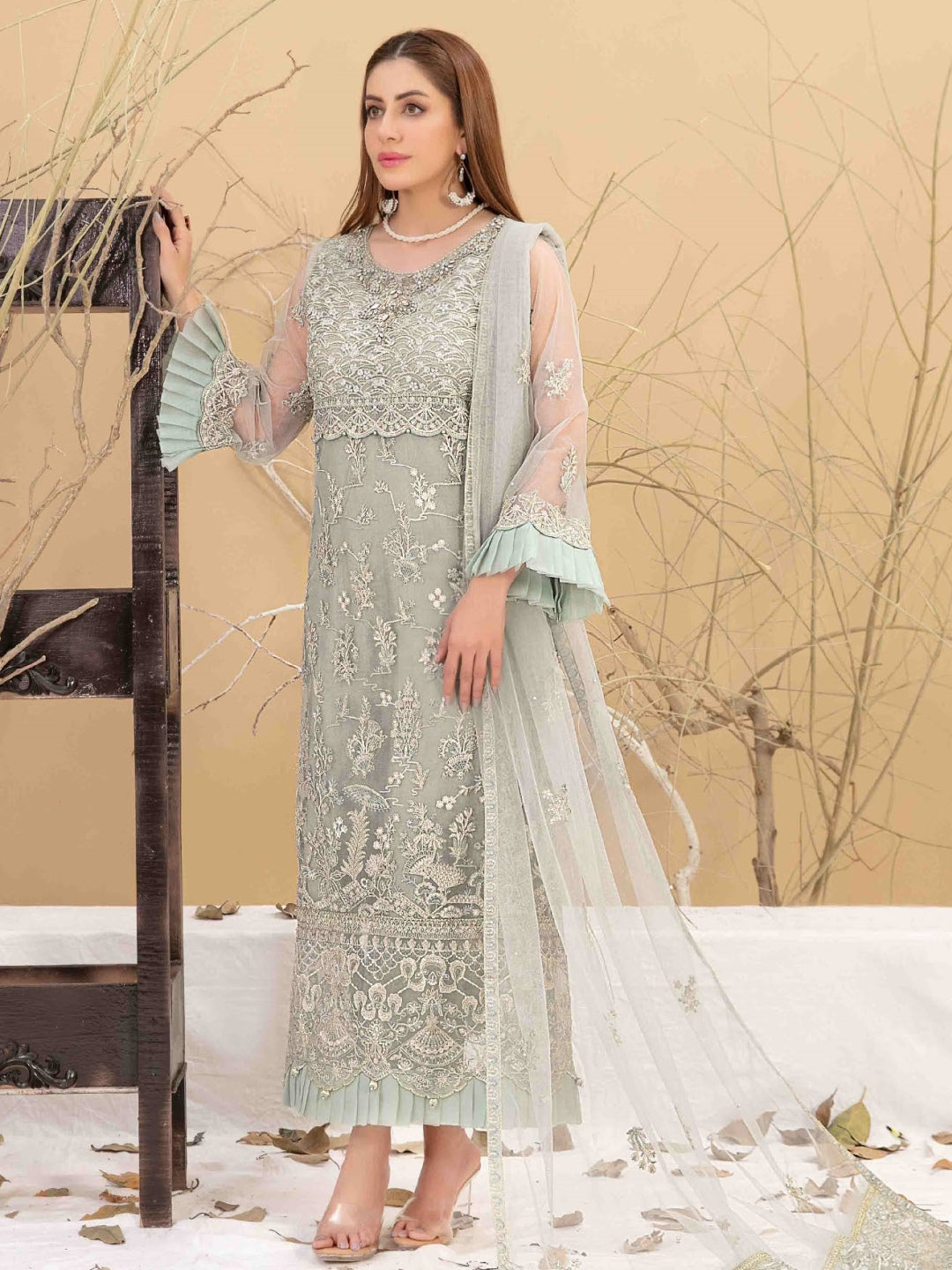 Green Embroidered NetJacquard Salwar Kameez | Fabricoz USA Green Embroidered NetJacquard Salwar Kameez | Fabricoz USA