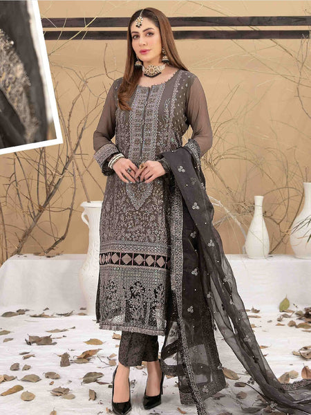 Black Pakistani Dress - Embroidered Chiffon Jacquard