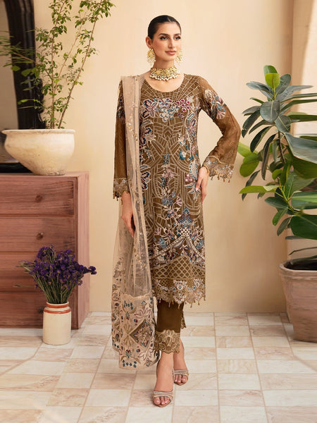 Brown Pakistani Dress - Embroidered Premium Chiffon