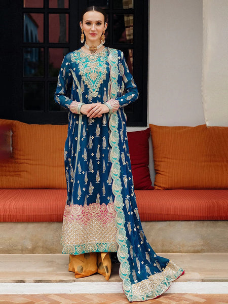 Blue Salwar Kameez - Embroidered Luxury Chiffon