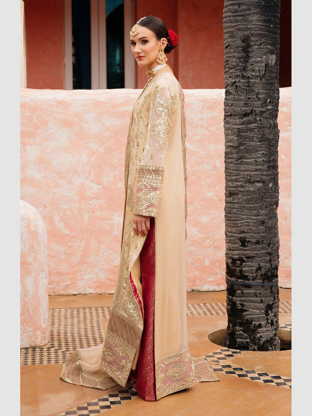 pakistani luxury chiffon dress Red Chiffon Dress Pakistani Ruby Red Chiffon Heavy Embroidered Straight Cut Luxury Wedding Wear