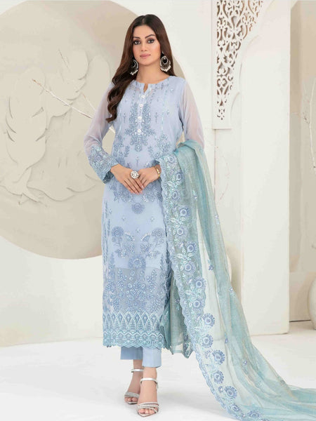 Blue Pakistani Dress - Embroidered Premium Chiffon