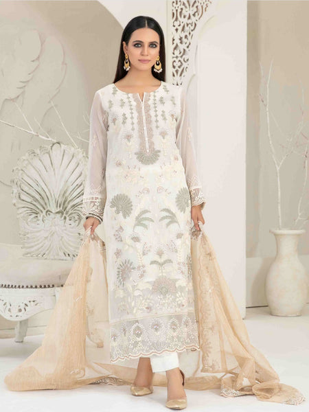 White Salwar Kameez - Embroidered Premium Chiffon
