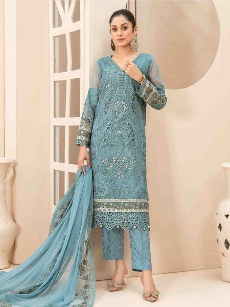 Blue Pakistani Dress - Embroidered Heavy Chiffon