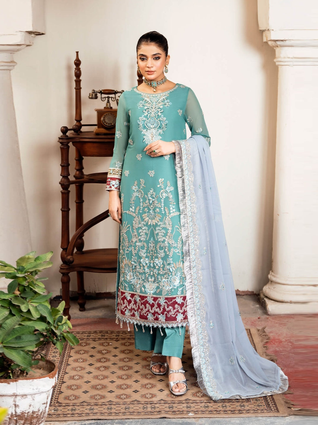 white and green maternity dress TealGreen Viscose Silk Zari Embriodered Floor Length Anarkali Set L / Green main image 1