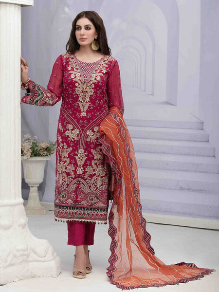 Red Salwar Kameez - Embroidered Crinkle Chiffon