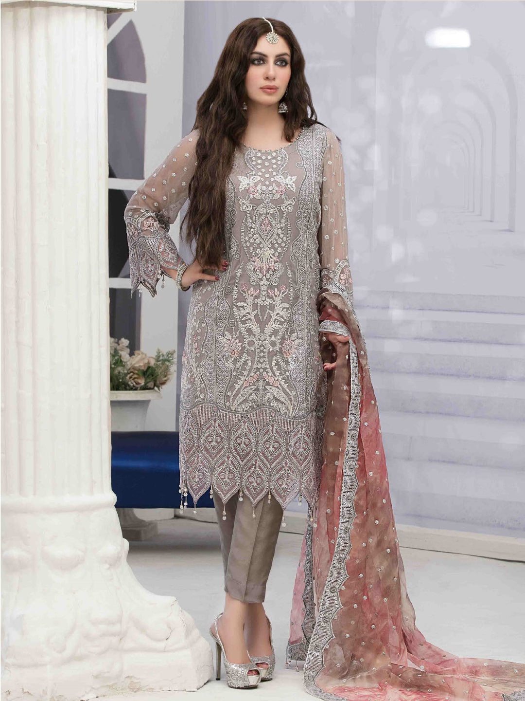 Pakistani Dress Grey Crinkle Chiffon Pakistani Dress Grey Crinkle Chiffon