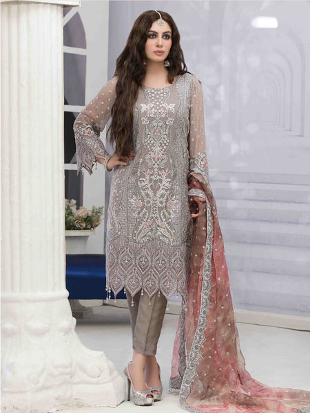 Grey Salwar Kameez - Embroidered Crinkle Chiffon