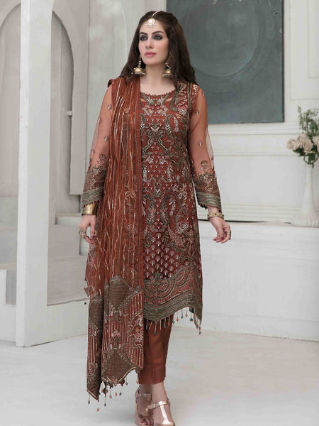 Red Salwar Kameez - Embroidered Crinkle Chiffon