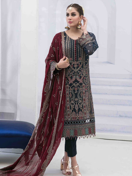 Blue Salwar Kameez - Embroidered Crinkle Chiffon