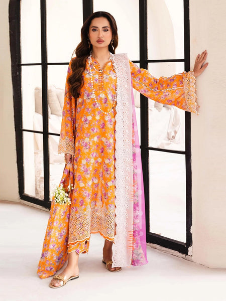 Orange Pakistani Dress - Schiflli Embroidered Lawn