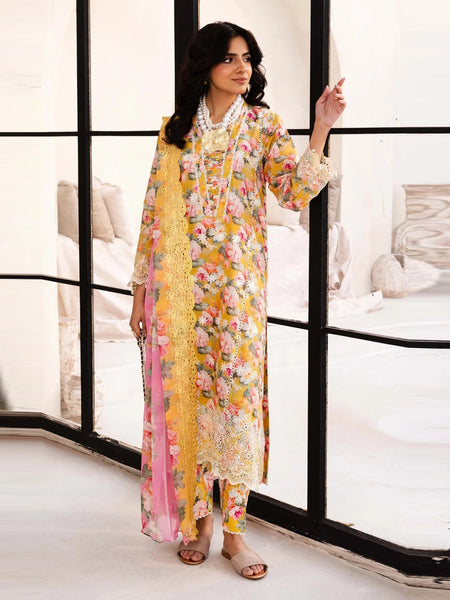Yellow Pakistani Dress - Schiflli Embroidered Lawn
