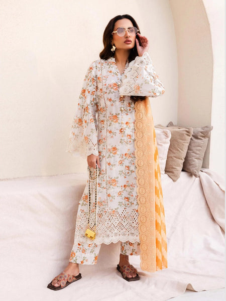 Orange Pakistani Dress - Schiflli Embroidered Lawn