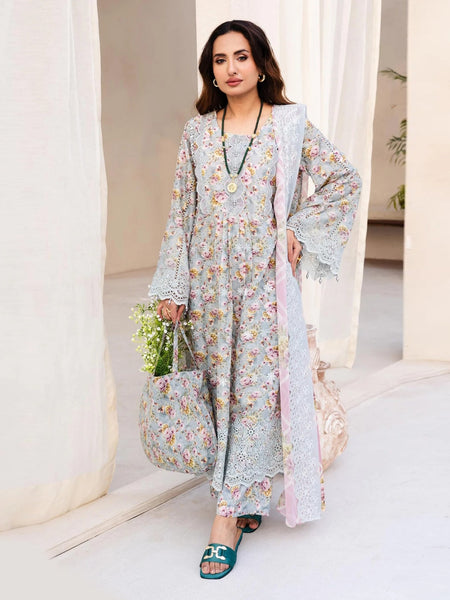 Blue Salwar Kameez - Schiflli Embroidered Lawn