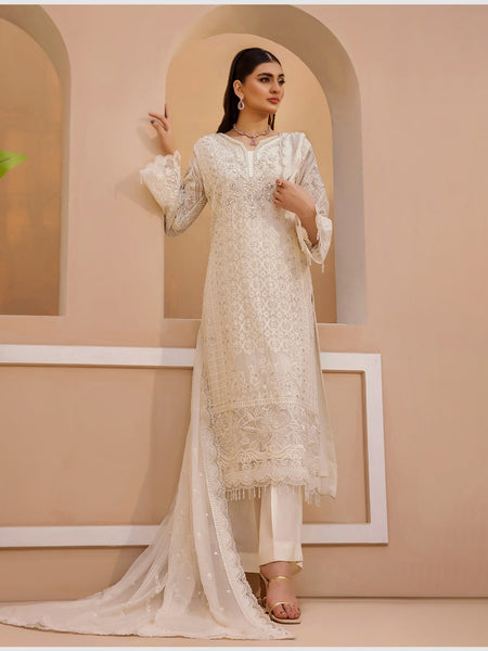 White Salwar Kameez - Embellished Designer Chiffon