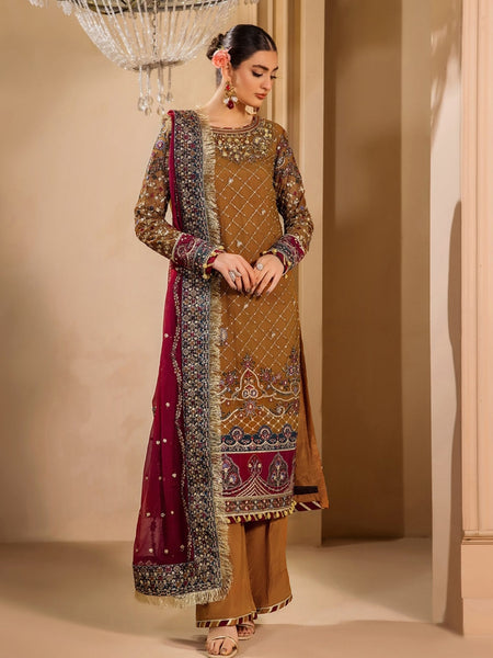 Brown Pakistani Dress - Embellished Designer Chiffon