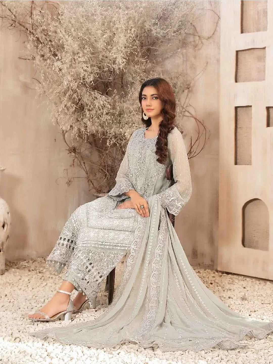 fancy chiffon dresses pakistani Pakistani Dark Green Long Maxi Style Embroidered Sequins Fancy Chiffon Dress,L