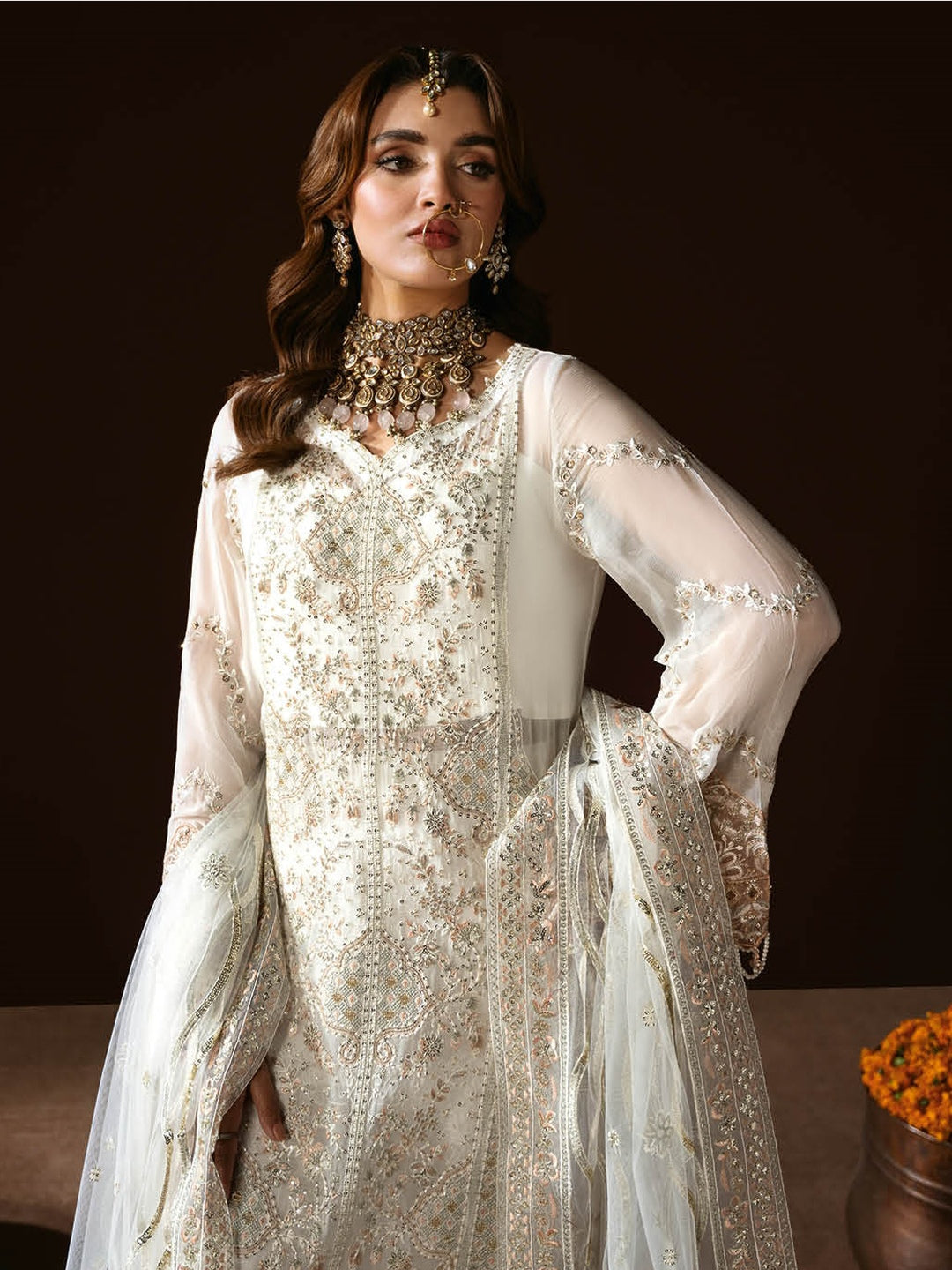 Long Elegant Formal Chiffon Suit White Chiffon Party Dress Embroidered Chiffon Dress In Off White Color Long Elegant Formal Chiffon Suit White Chiffon Party Dress Embroidered Chiffon Dress In Off White Color