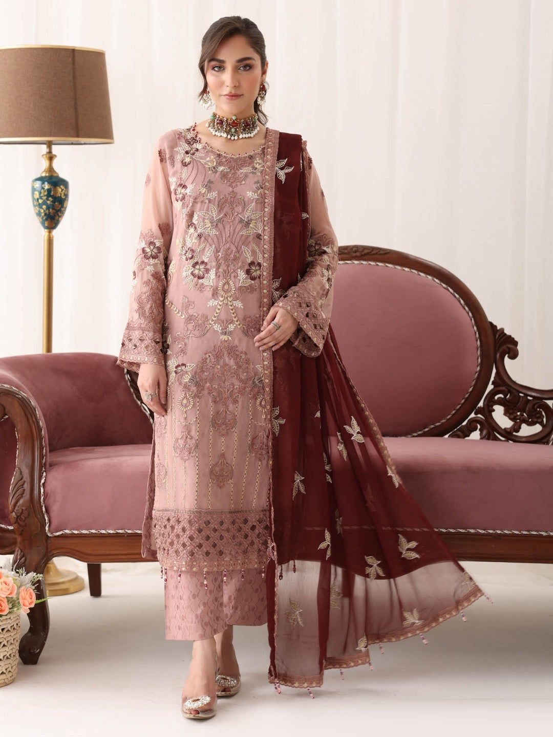 Dusty Rose Net Heavy Embroidered Straight Cut Luxury Party Wear Dusty Rose Net Heavy Embroidered Straight Cut Luxury Party Wear