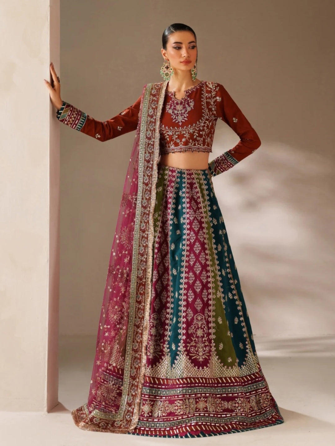 Maroon Teal Silk Heavy Zari Embroidered A-Line Luxury Wedding Wear Maroon Teal Silk Heavy Zari Embroidered A-Line Luxury Wedding Wear