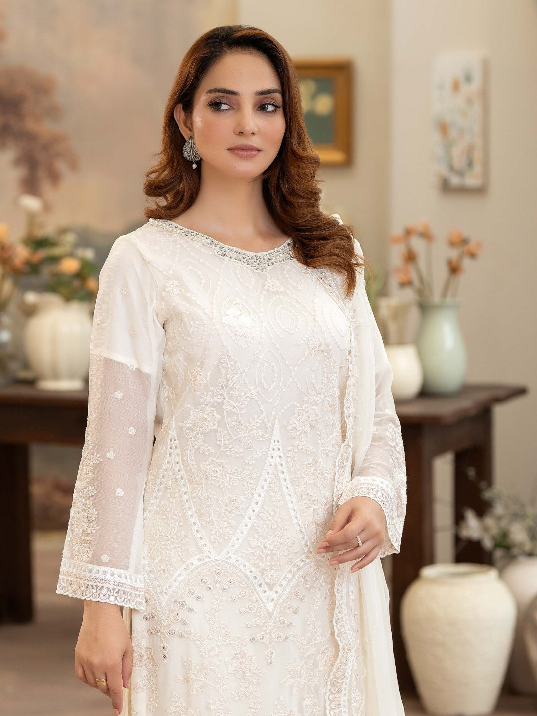 Off White Chiffon Intricate Threadwork Straight Cut Classic Festive Wear