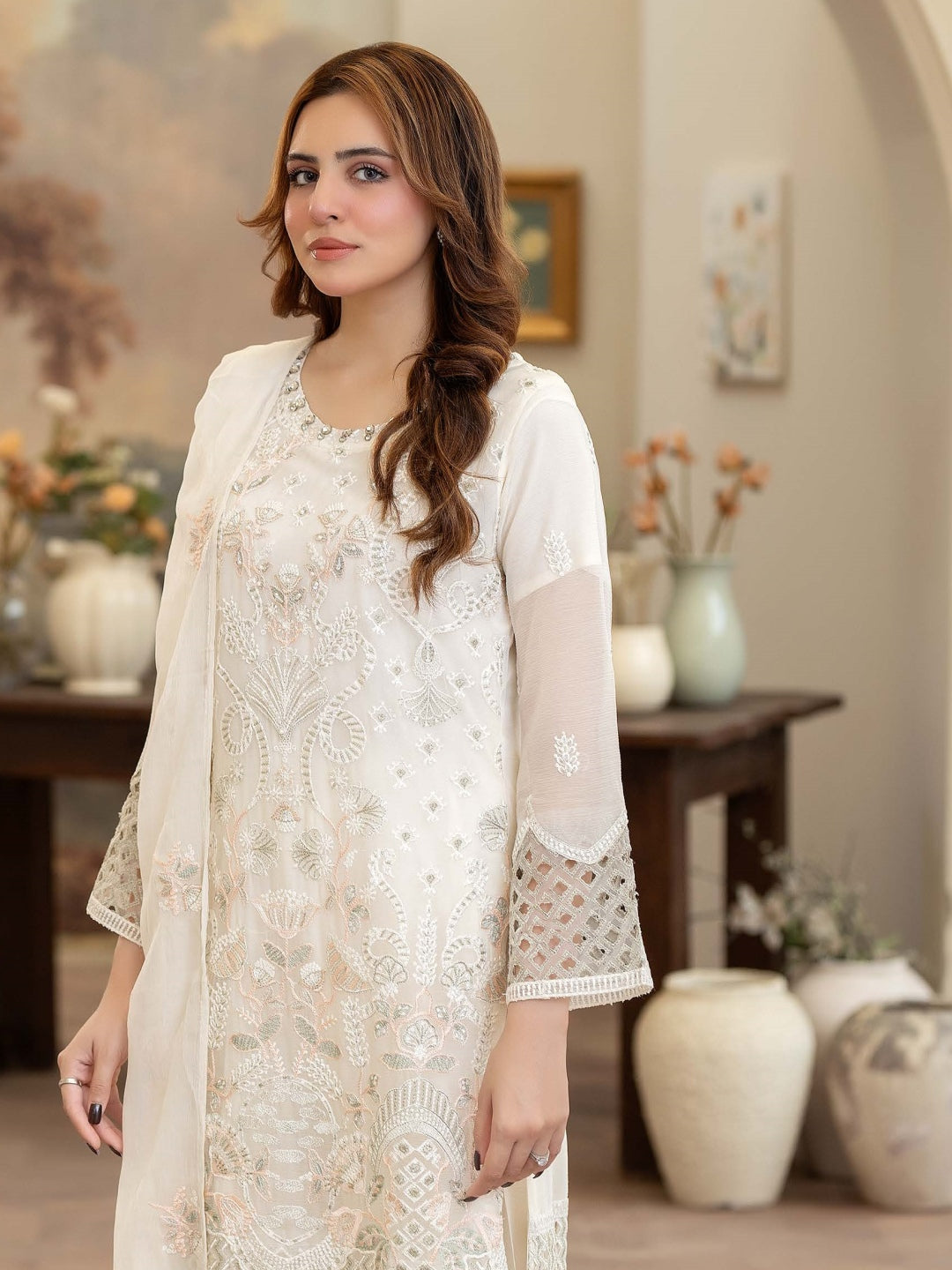 Cream Chiffon Embroidered Straight Cut Luxe Wedding Wear Cream Chiffon Embroidered Straight Cut Luxe Wedding Wear