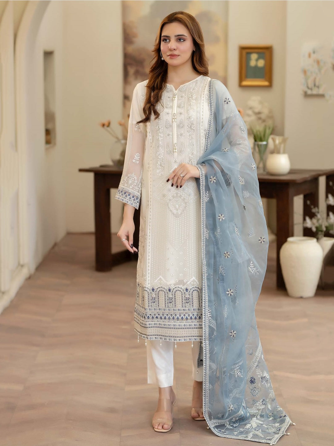 Ivory Blue Chiffon Embroidered Straight Cut Premium Festive Wear