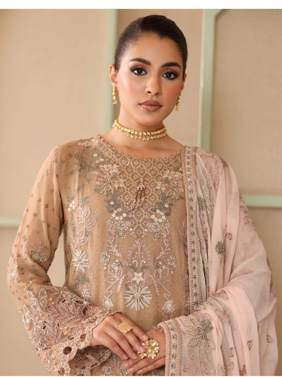 Beige Chiffon Intricate Embroidered Straight Cut Elegant Festive Wear Beige Chiffon Intricate Embroidered Straight Cut Elegant Festive Wear