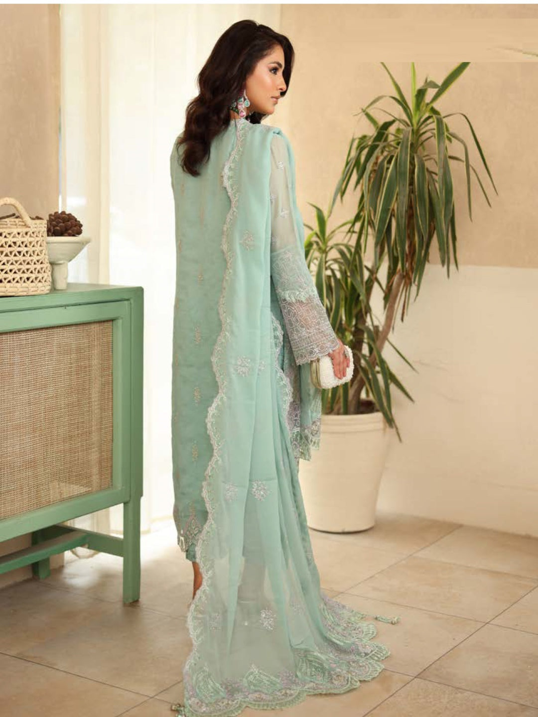 Mint Green Chiffon Floral Embroidered Straight Cut Elegant Festive Wear