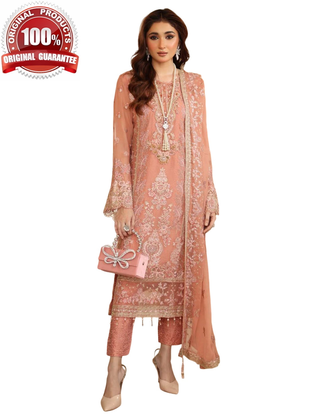 Peach Chiffon Heavy Embroidered Salwar Kameez | Fabricoz USA Peach Chiffon Heavy Embroidered Salwar Kameez | Fabricoz USA